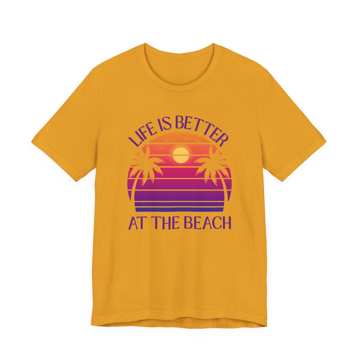 Life Is Better At The Beach Unisex T-Shirt - Retro Sunset Palm Tree Purple Lettering
