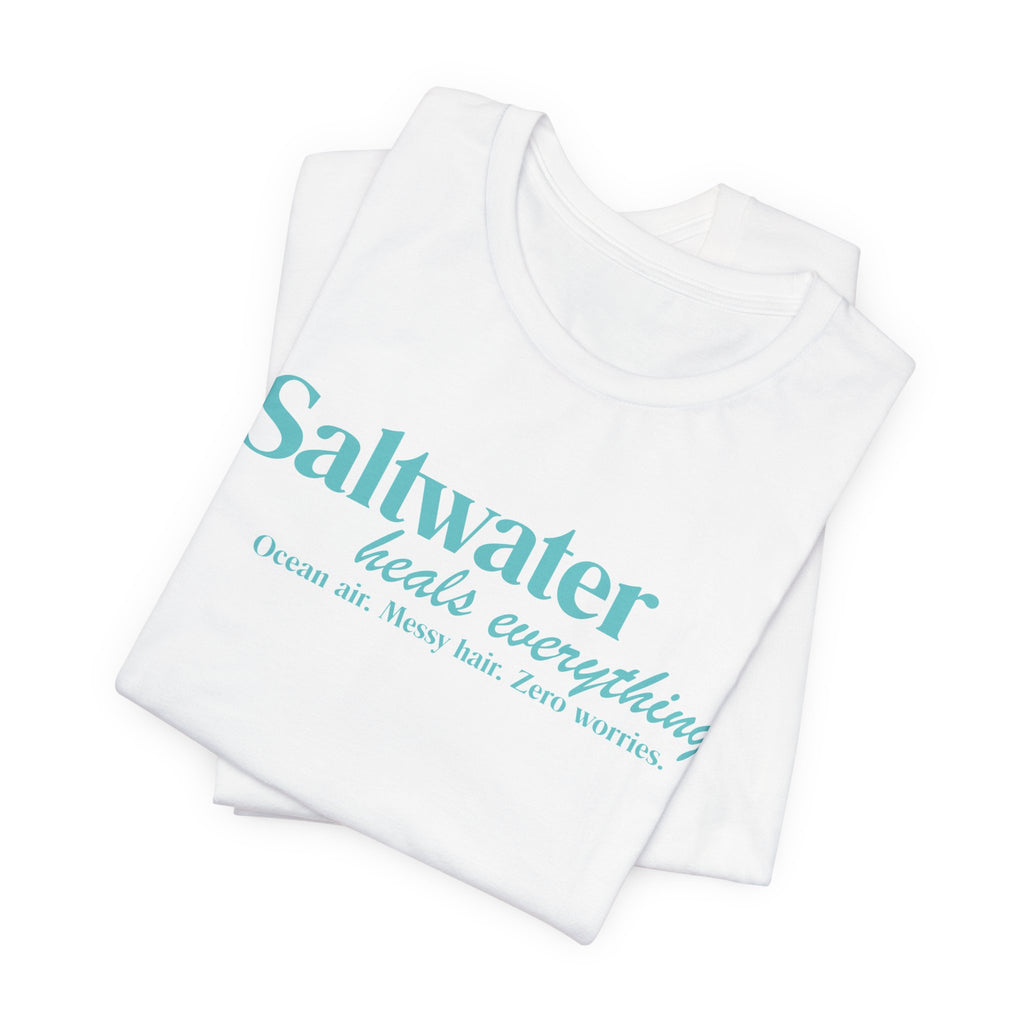 Saltwater Heals Everything Unisex Tee - Beachy Coastal Vacation Shirt Light Blue Letters
