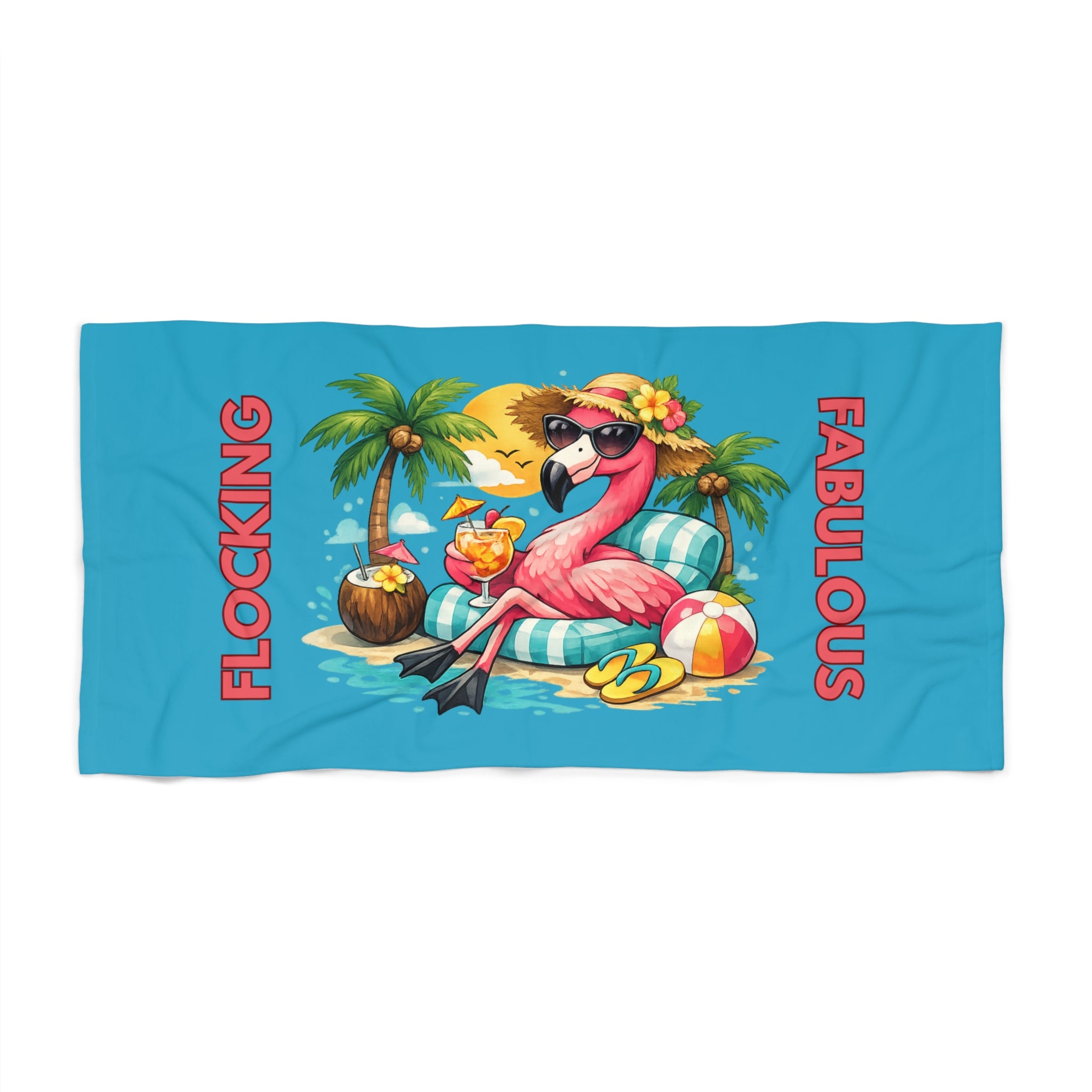 Flocking Fabulous Flamingo Turquoise Beach Towel — Tropical Summer Pool & Beach Towel