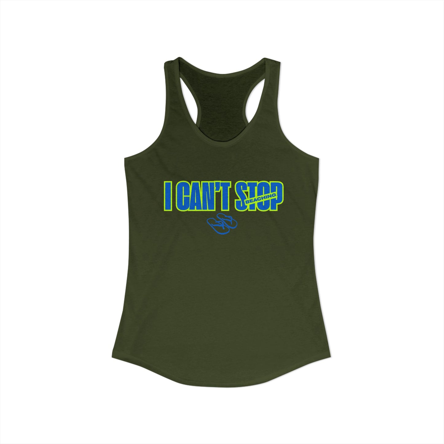 Women's Ideal Racerback Tank – I CAN'T STOP BEACHING (Blue & Neon Green)