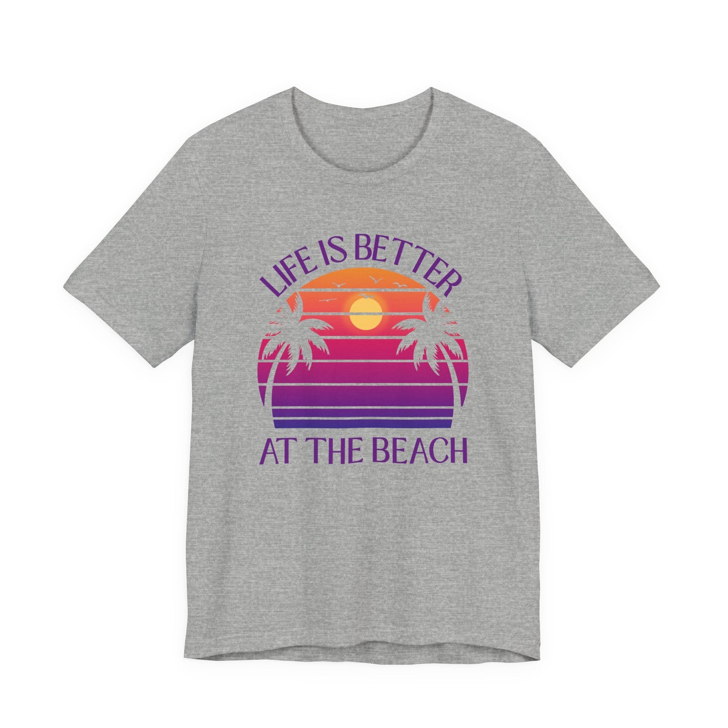 Life Is Better At The Beach Unisex T-Shirt - Retro Sunset Palm Tree Purple Lettering
