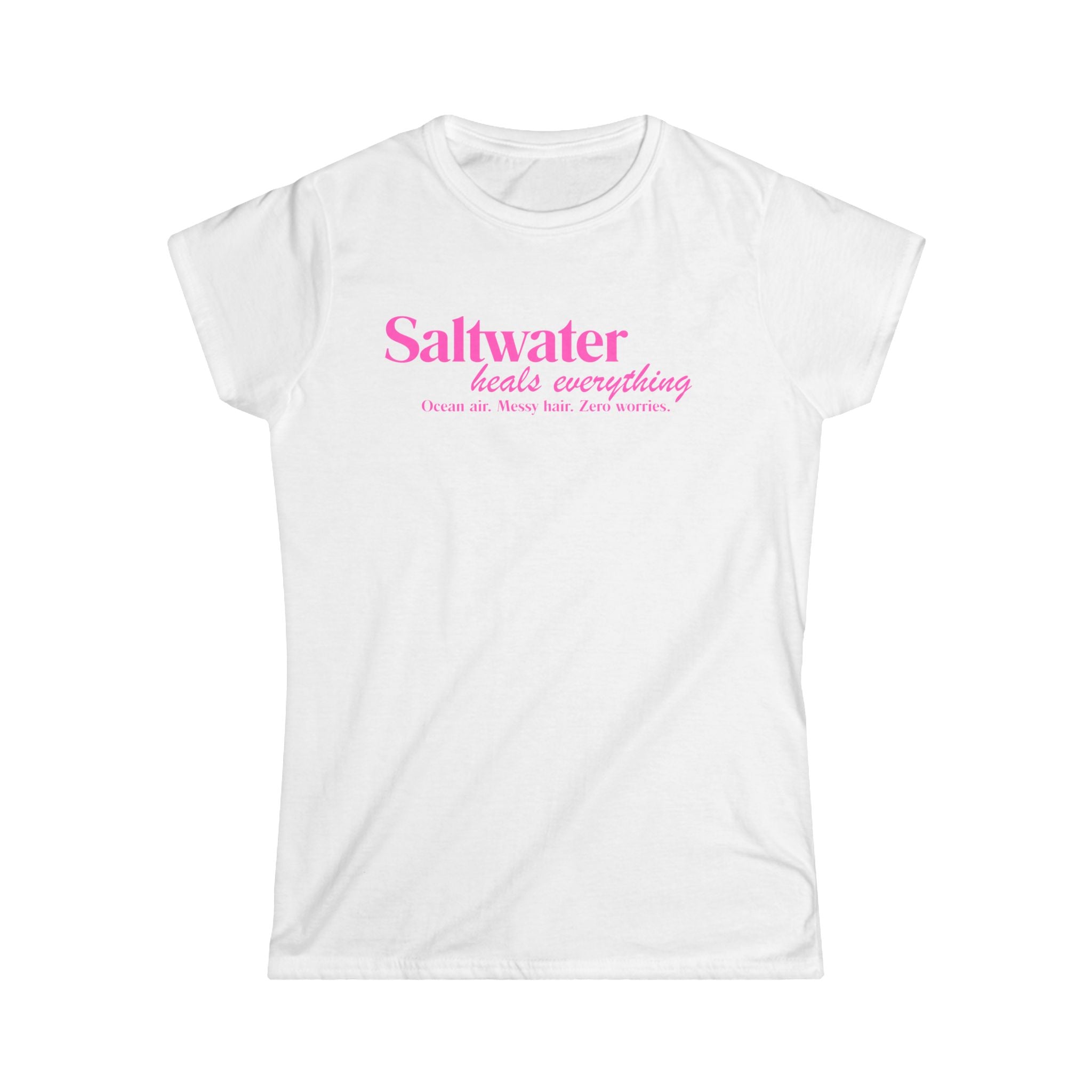 Saltwater Heals Everything Women's Tee - Pink Script Beach Shirt