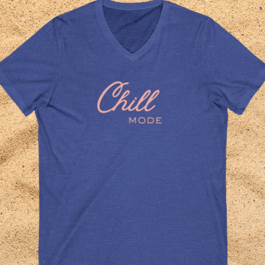 Chill Mode Women's V-Neck Tee — Relaxed 'Chill Mode' Graphic T-Shirt pink lettering Beach / Lake