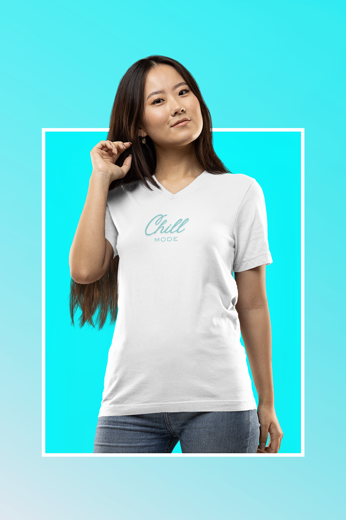 Woman wearing a white t-shirt with 'Chill' text on a blue background