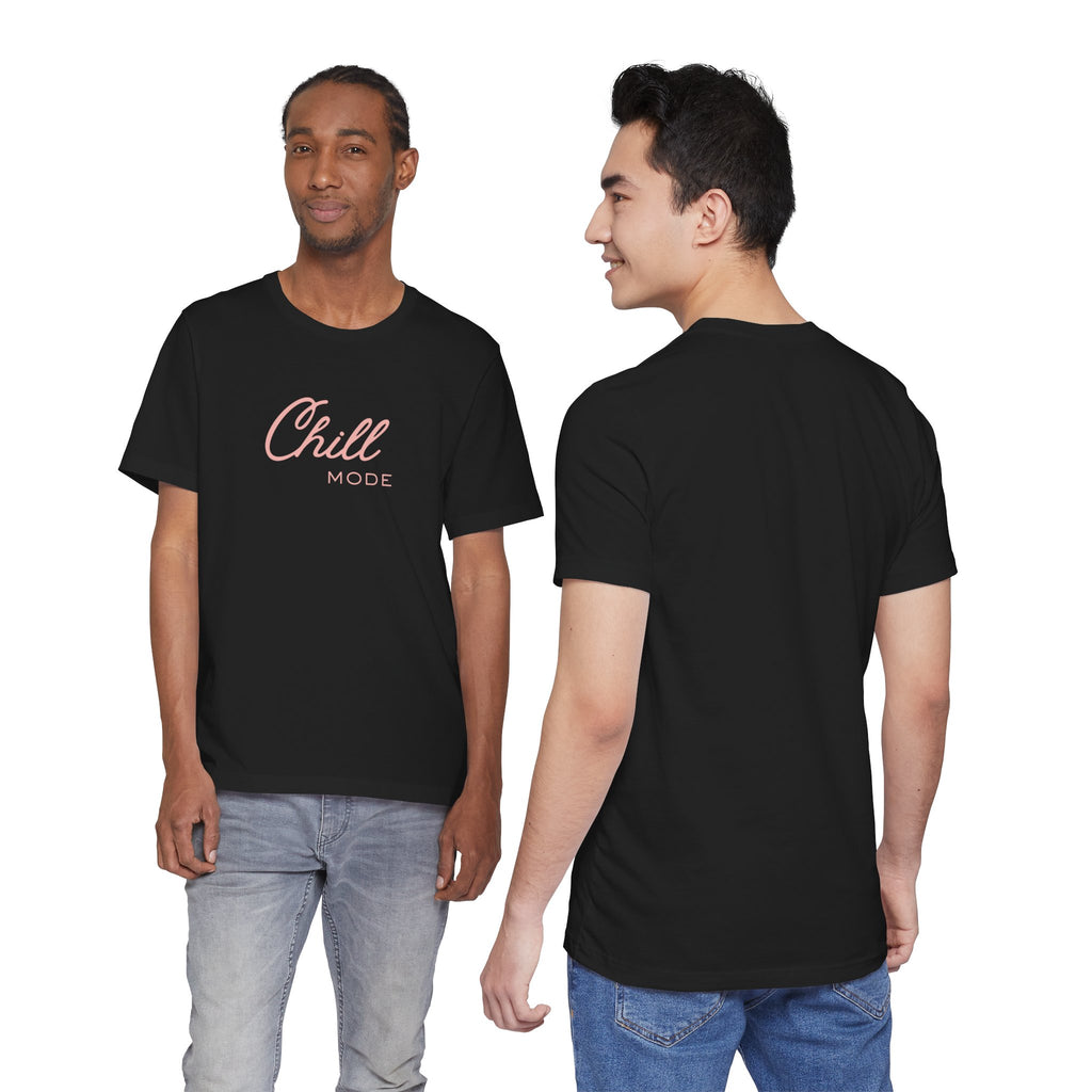 Black t-shirt with 'Chill Mode' text worn by two models, front and back views.