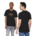 Black t-shirt with 'Chill Mode' text worn by two models, front and back views.