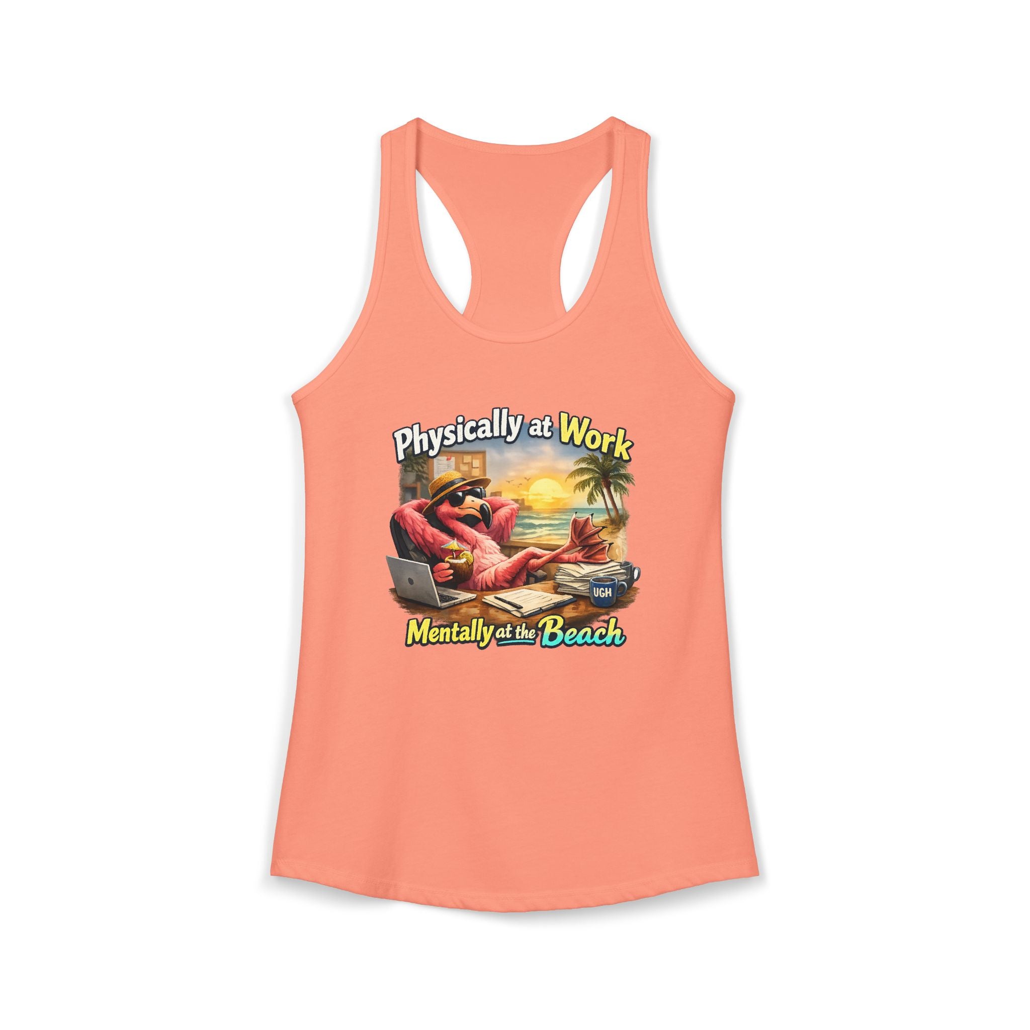 Coral tank top with beach-themed graphic and text on a white background