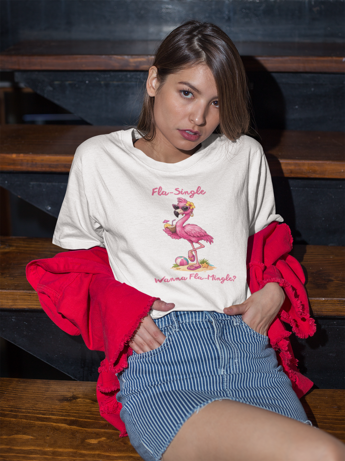 Woman wearing a white t-shirt with a flamingo graphic and text, sitting on a wooden bench.