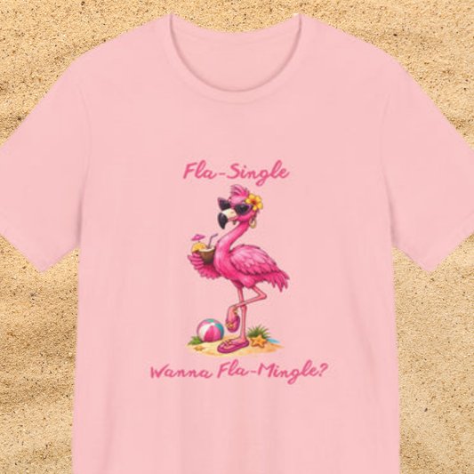 Flamingo Beach T-Shirt - Fla-Single Wanna Fla-Mingle Unisex Graphic Shirt