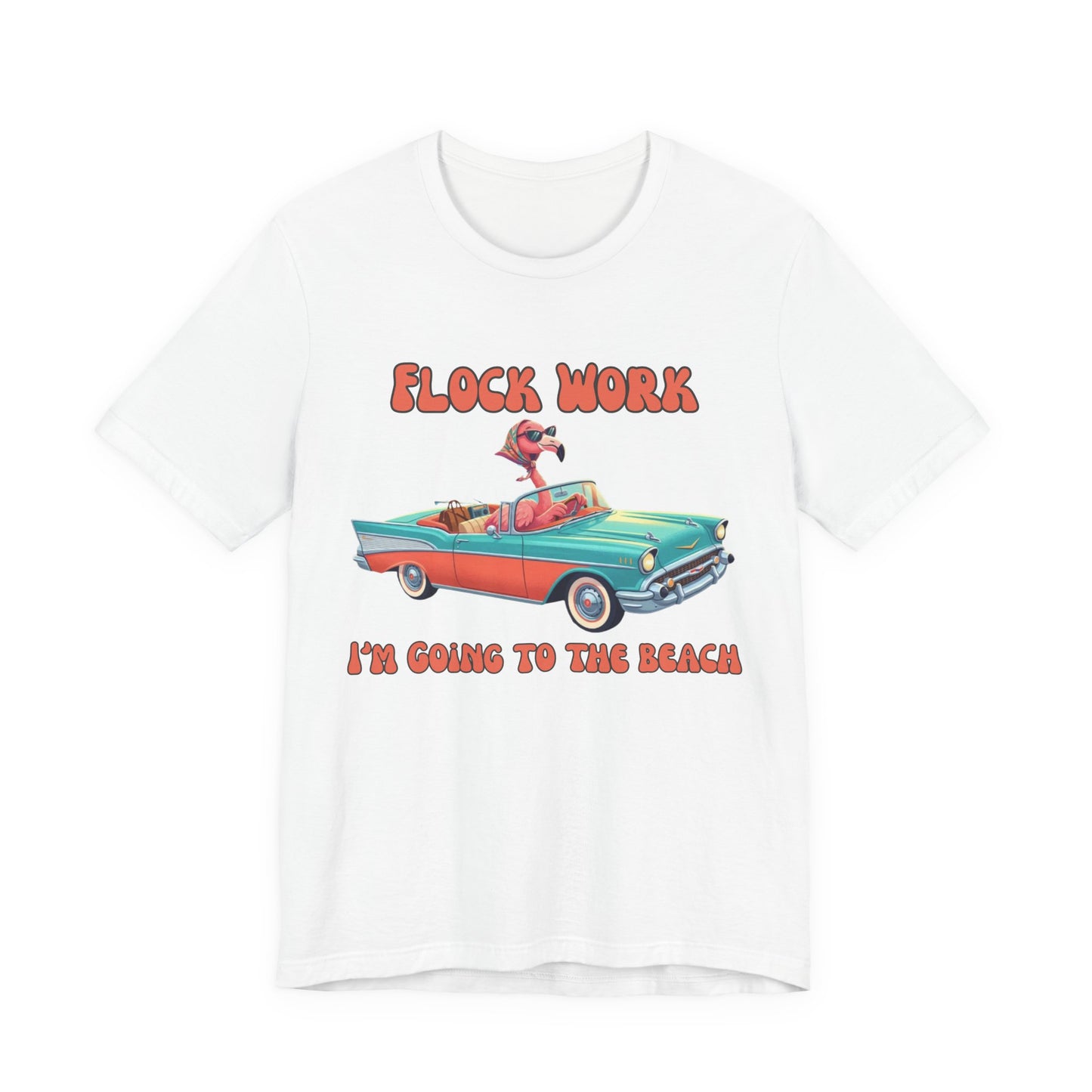 White t-shirt with a colorful graphic of a car and text on a white background