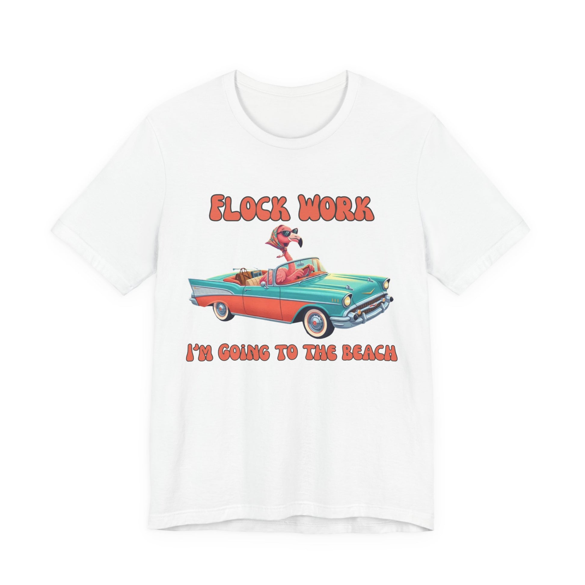 White t-shirt with a colorful graphic of a car and text on a white background