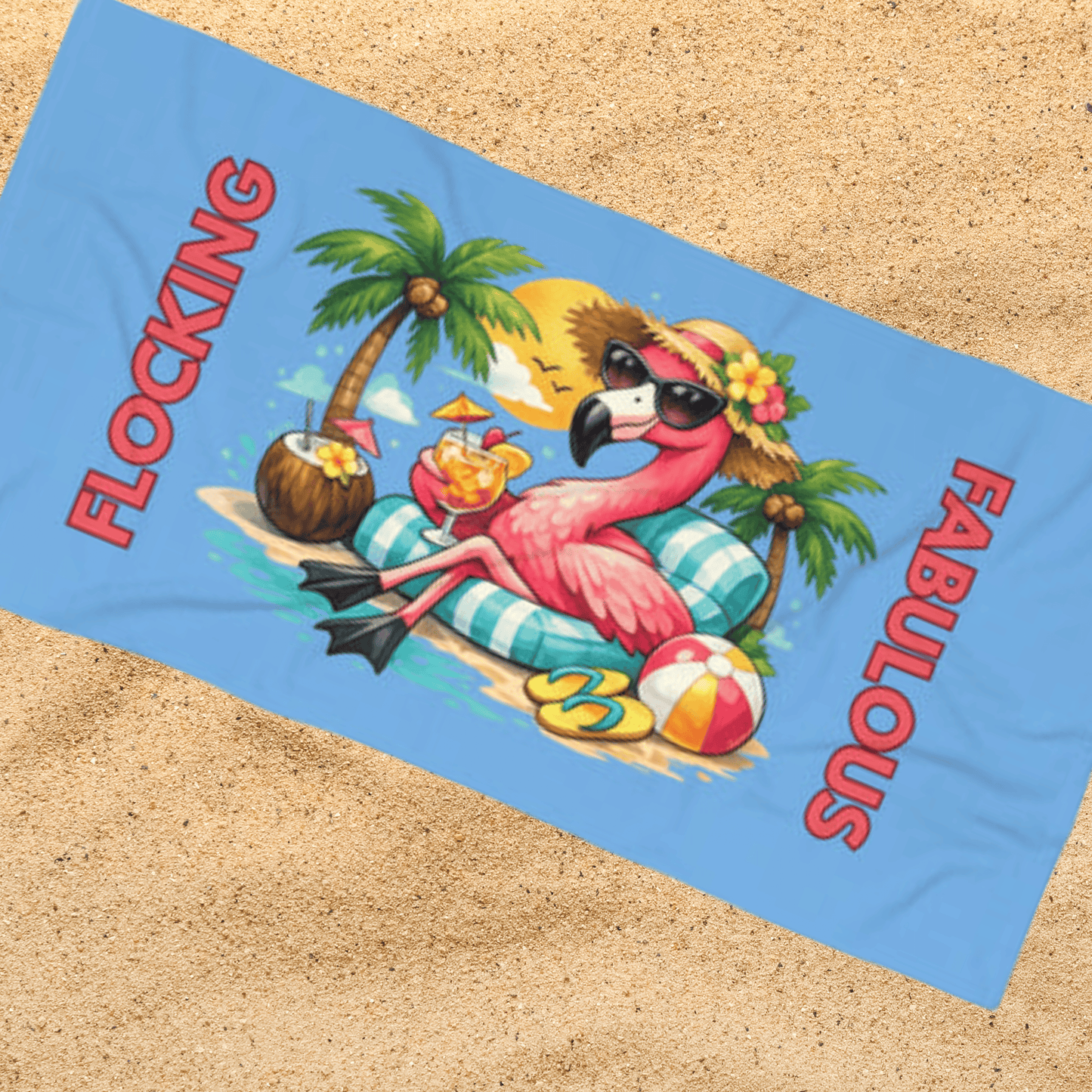 Flocking Fabulous Flamingo Blue Beach / Lake Towel — Tropical Summer Pool & Beach / Lake Towel