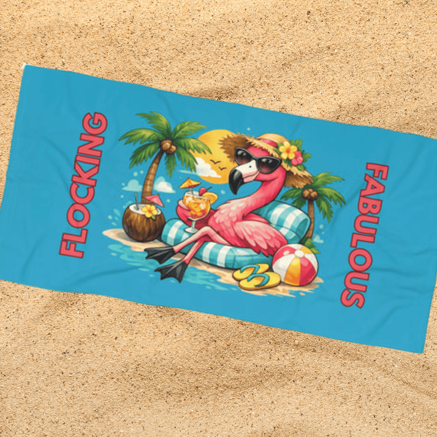 Flocking Fabulous Flamingo Turquoise Beach / Lake Towel — Tropical Summer Pool & Beach / Lake Towel
