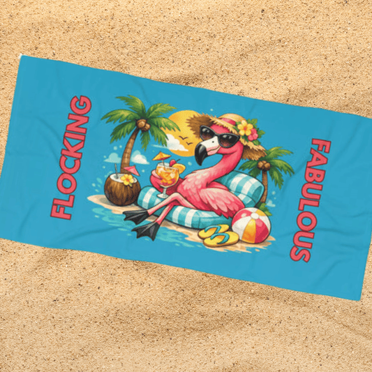 Flocking Fabulous Flamingo Turquoise Beach / Lake Towel — Tropical Summer Pool & Beach / Lake Towel