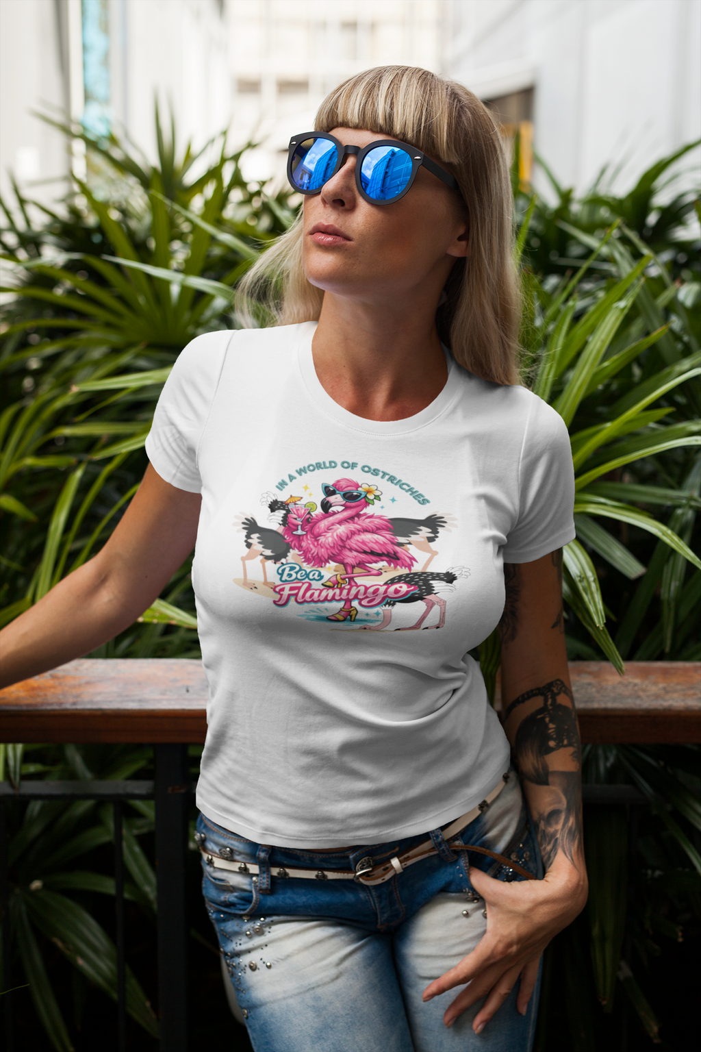 Woman wearing a white t-shirt with a colorful graphic design, standing outdoors with plants in the background.