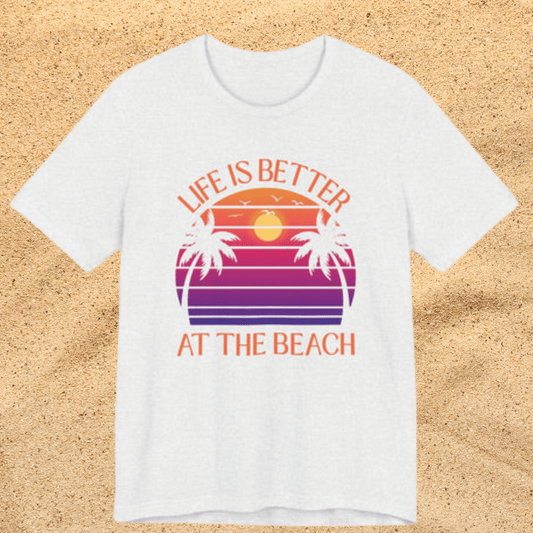 Life Is Better At The Beach Unisex T-Shirt - Retro Sunset Palm - Orange Lettering