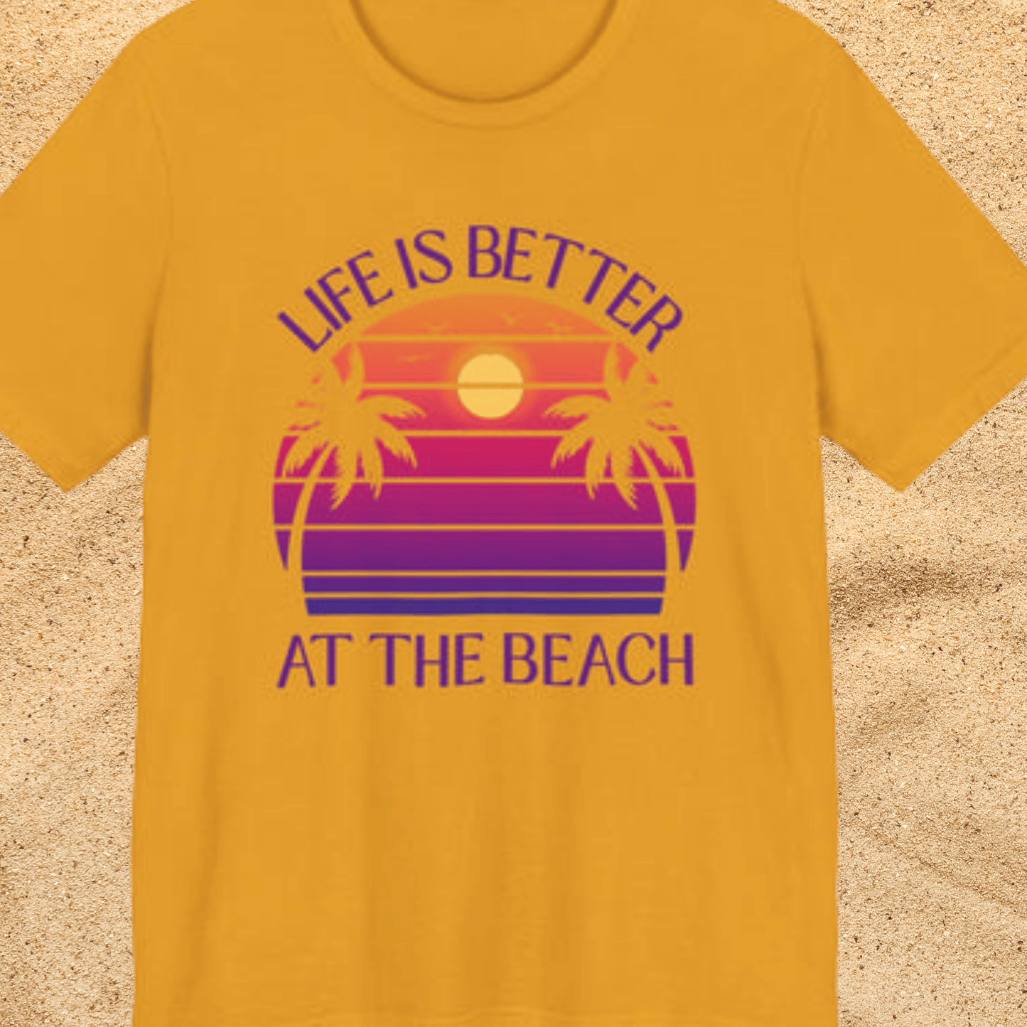 Life Is Better At The Beach Unisex T-Shirt - Retro Sunset Palm Tree Purple Lettering