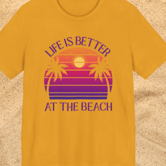 Life Is Better At The Beach Unisex T-Shirt - Retro Sunset Palm Tree Purple Lettering
