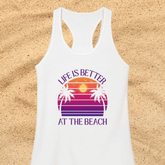 Life Is Better At The Beach Women's Racerback Tank - Sunset Palm Graphic