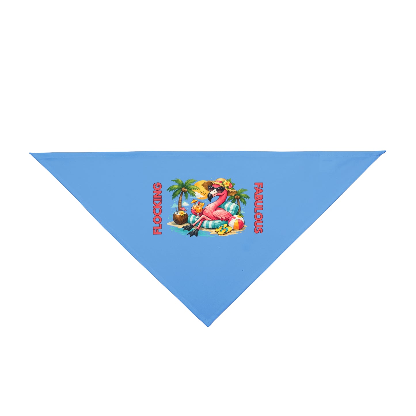 Blue triangle-shaped bandana with a tropical design and text on a white background