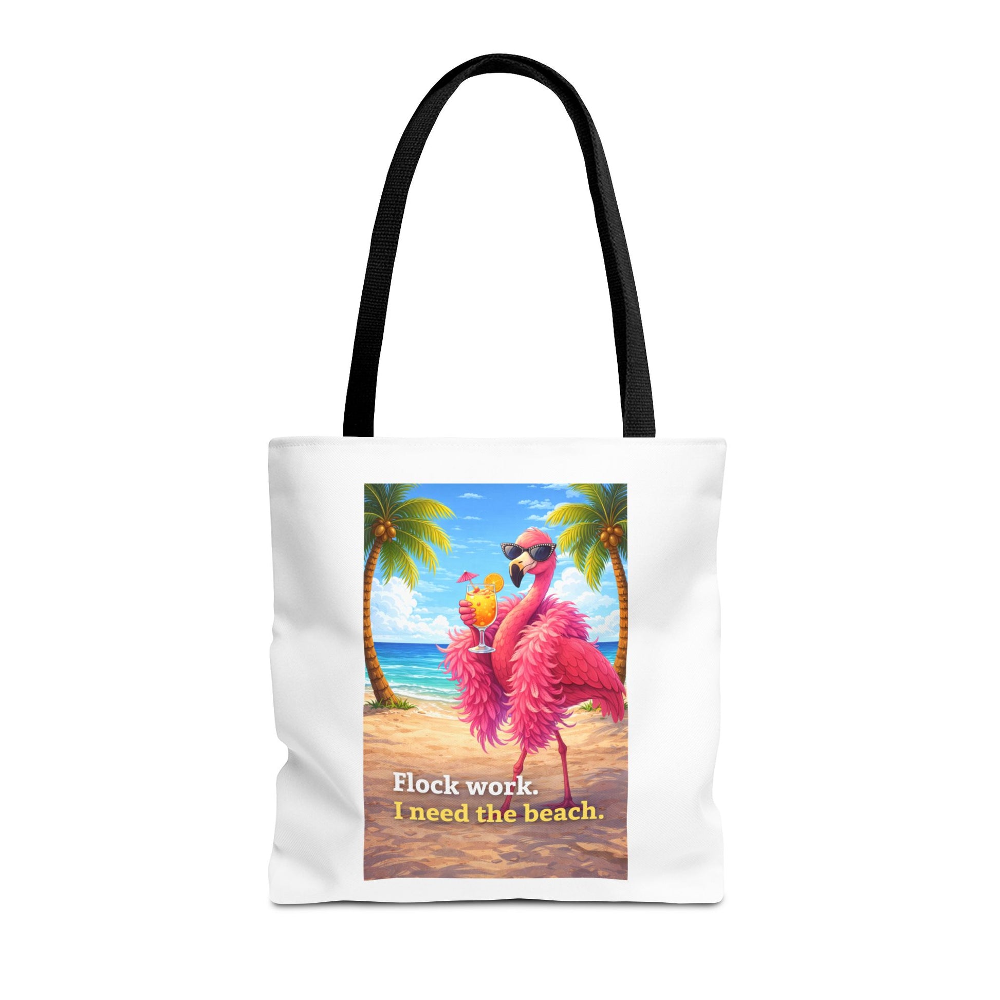 Tote bag with a flamingo design and text on a white background