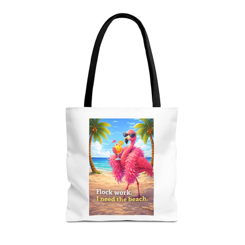 Tote bag with a flamingo design and text on a white background