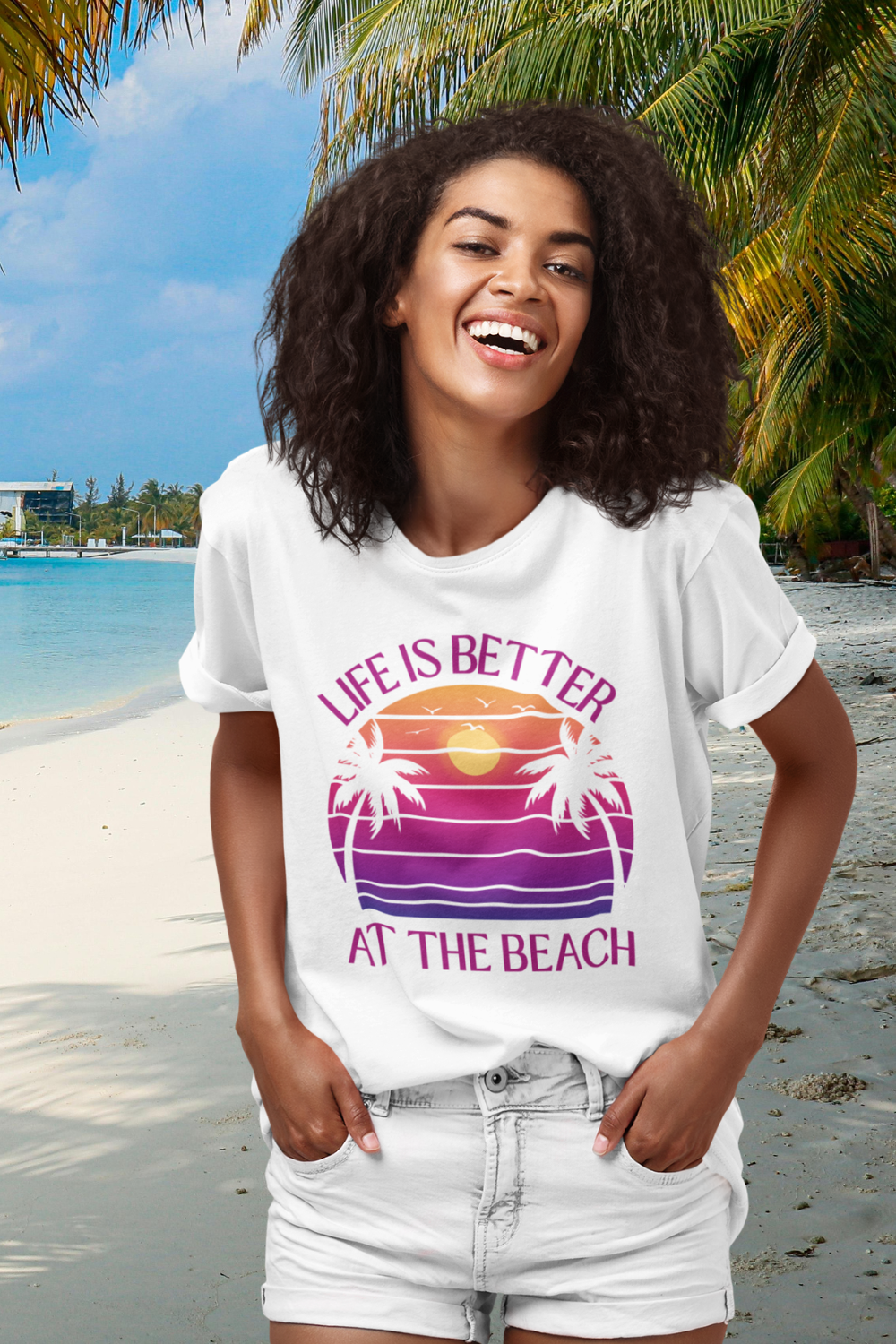 Life Is Better At The Beach Unisex T-Shirt - Palm Sunset Beach Pinkish/Purple Lettering