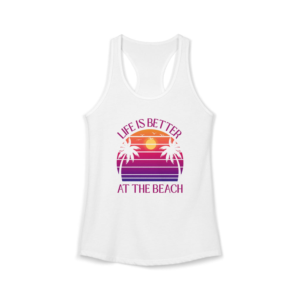 White tank top with 'Life is Better at the Beach' graphic design on a white background