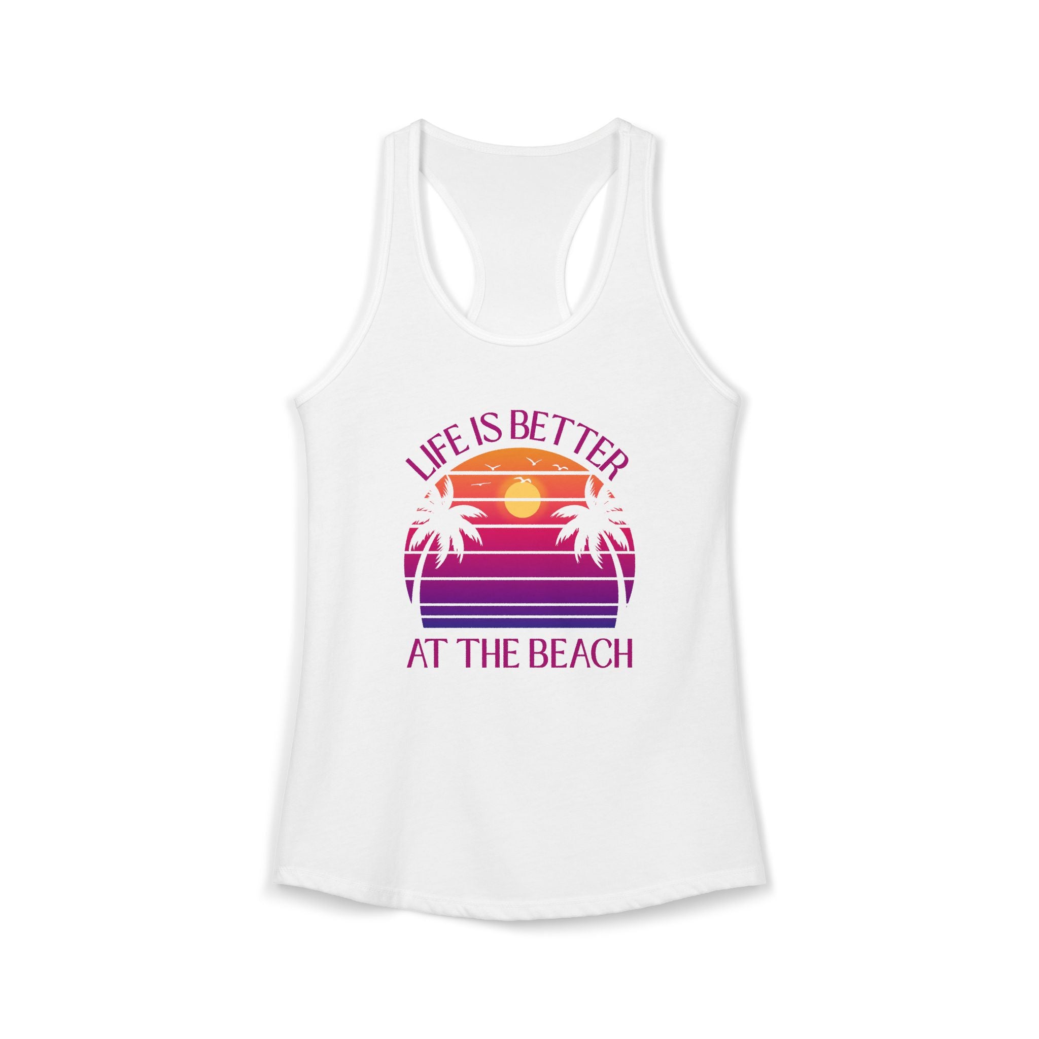 White tank top with 'Life is Better at the Beach' graphic design on a white background