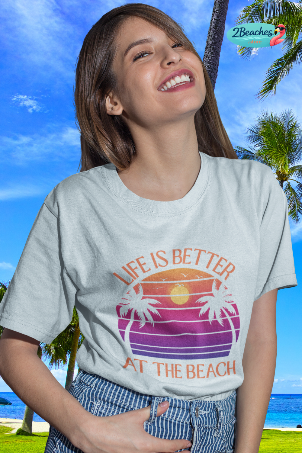 Life Is Better At The Beach Unisex T-Shirt - Retro Sunset Palm - Orange Lettering